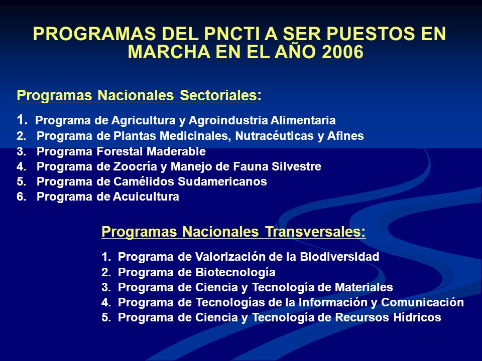 PROGRAMAS DEL PNCTI A SER PUESTOS EN MARCHA EN EL AÑO 2006