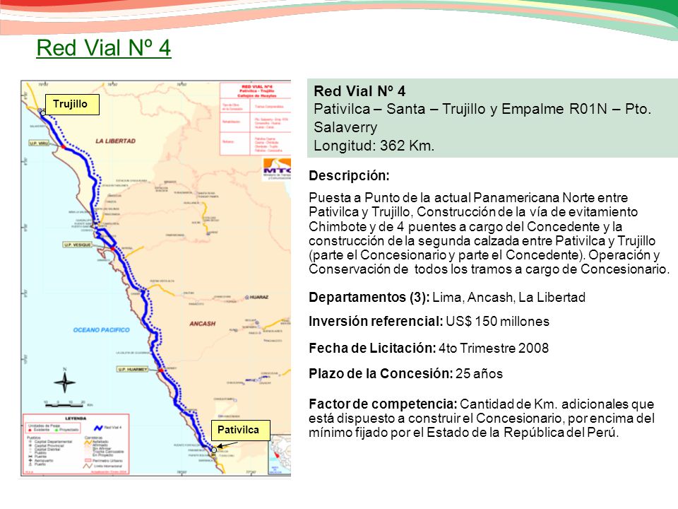Red Vial Nº 4 Red Vial Nº 4. Pativilca – Santa – Trujillo y Empalme R01N – Pto. Salaverry. Longitud: 362 Km.