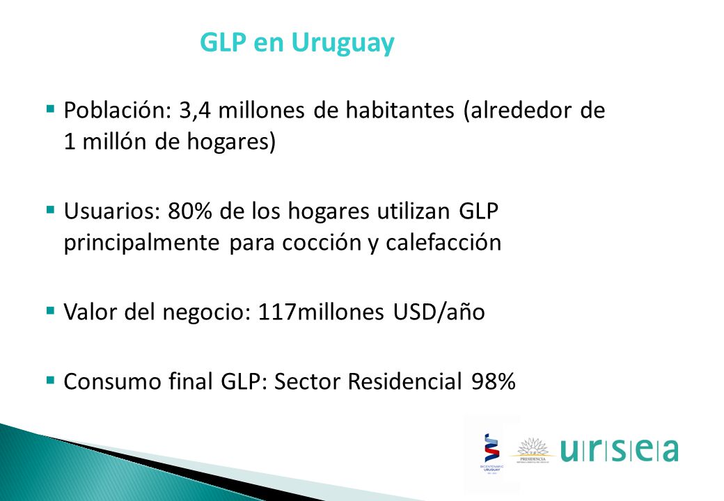 GLP en Uruguay Población: 3,4 millones de habitantes (alrededor de 1 millón de hogares)