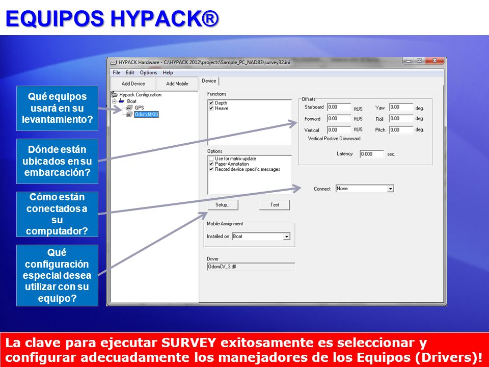 EQUIPOS HYPACK® Qué equipos usará en su levantamiento Dónde están ubicados en su embarcación Cómo están conectados a su computador