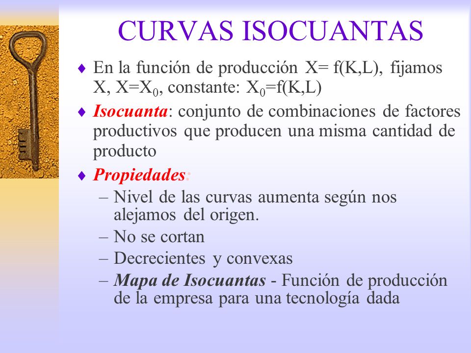 CURVAS ISOCUANTAS En la función de producción X= f(K,L), fijamos X, X=X0, constante: X0=f(K,L)