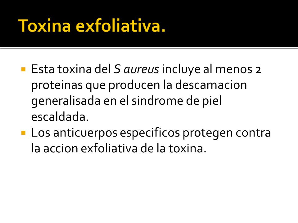 Toxina exfoliativa. Esta toxina del S aureus incluye al menos 2 proteinas que producen la descamacion generalisada en el sindrome de piel escaldada.