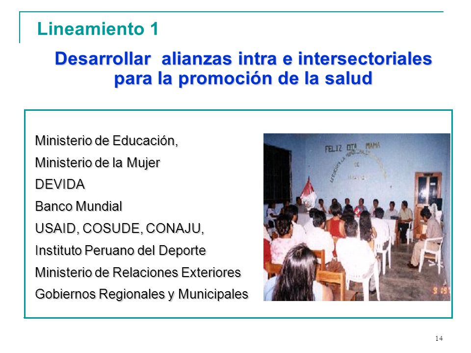 Lineamiento 1 Desarrollar alianzas intra e intersectoriales para la promoción de la salud. Ministerio de Educación,
