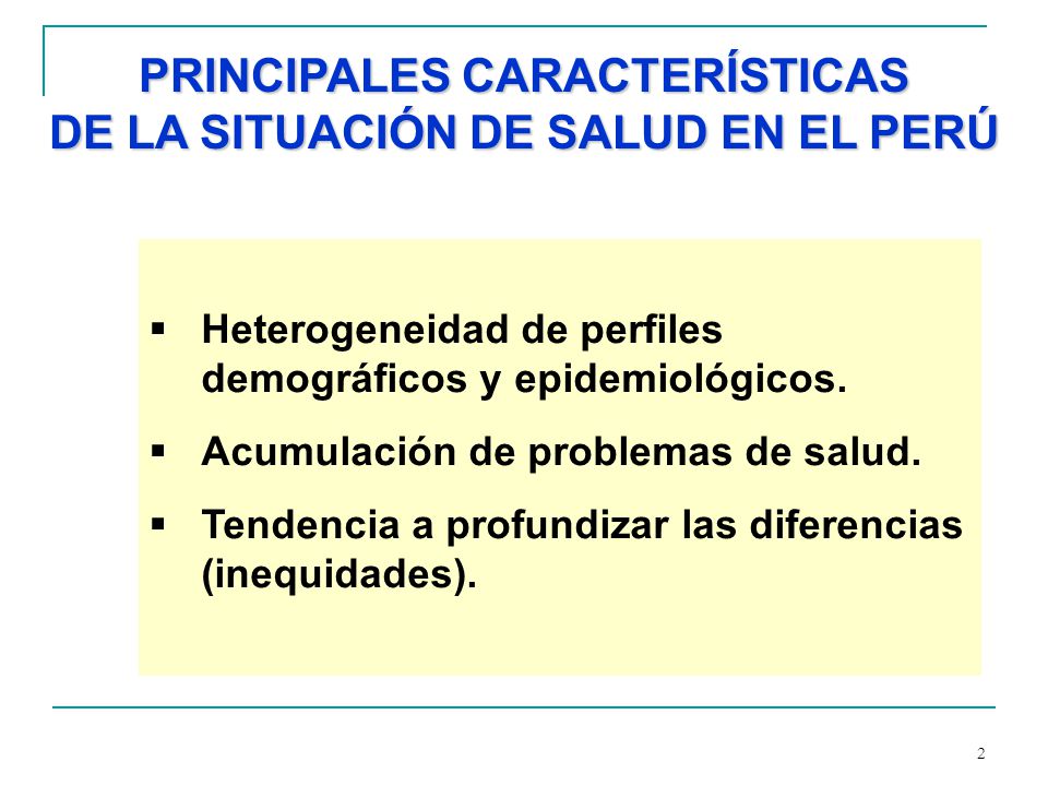 PRINCIPALES CARACTERÍSTICAS DE LA SITUACIÓN DE SALUD EN EL PERÚ