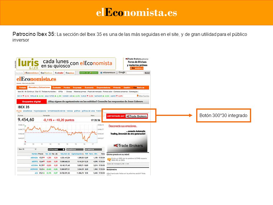 elEconomista.es Patrocino Ibex 35: La sección del Ibex 35 es una de las más seguidas en el site, y de gran utilidad para el público inversor.