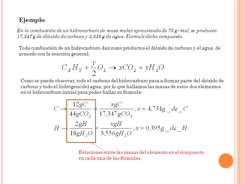 Ejemplo En la combustión de un hidrocarburo de masa molar aproximada de 78 g/mol, se producen.