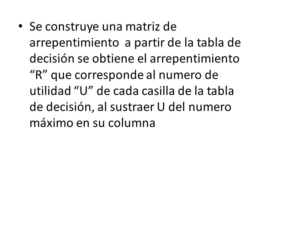 Se construye una matriz de arrepentimiento a partir de la tabla de decisión se obtiene el arrepentimiento R que corresponde al numero de utilidad U de cada casilla de la tabla de decisión, al sustraer U del numero máximo en su columna