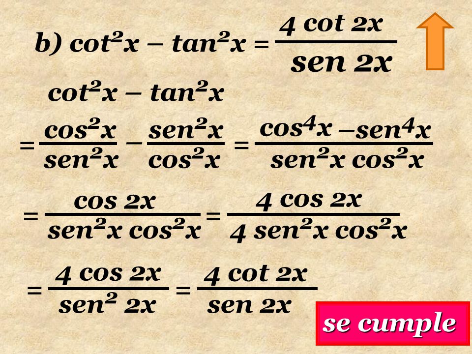sen 2x 4 cot 2x b) cot2x – tan2x = cot2x – tan2x cos2x sen2x cos2x