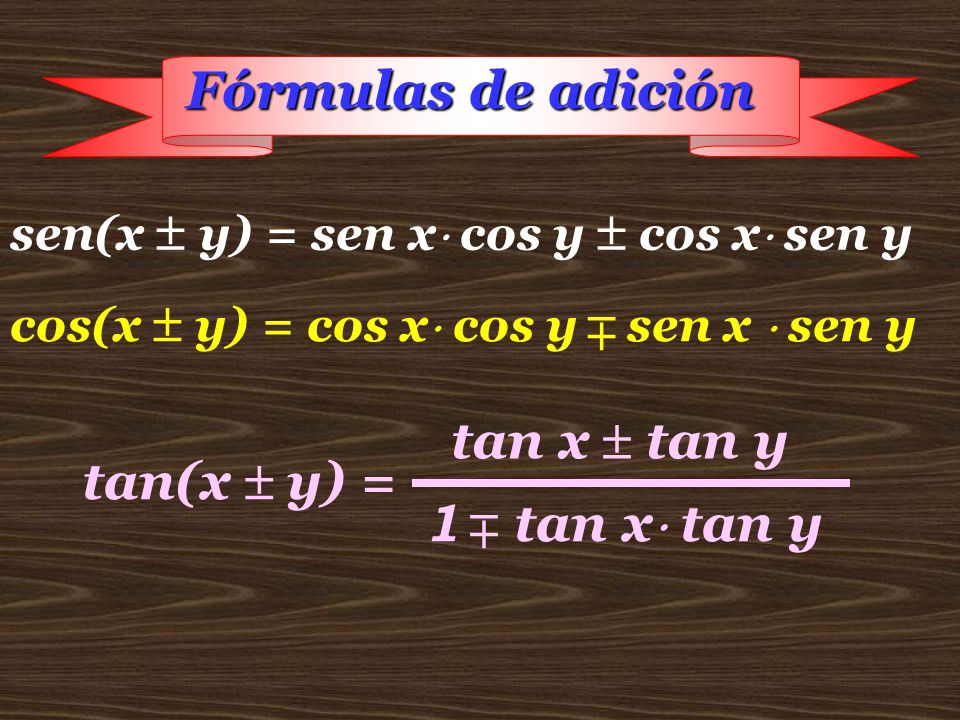 Fórmulas de adición  tan x  tan y tan(x  y) = 1 tan x tan y 