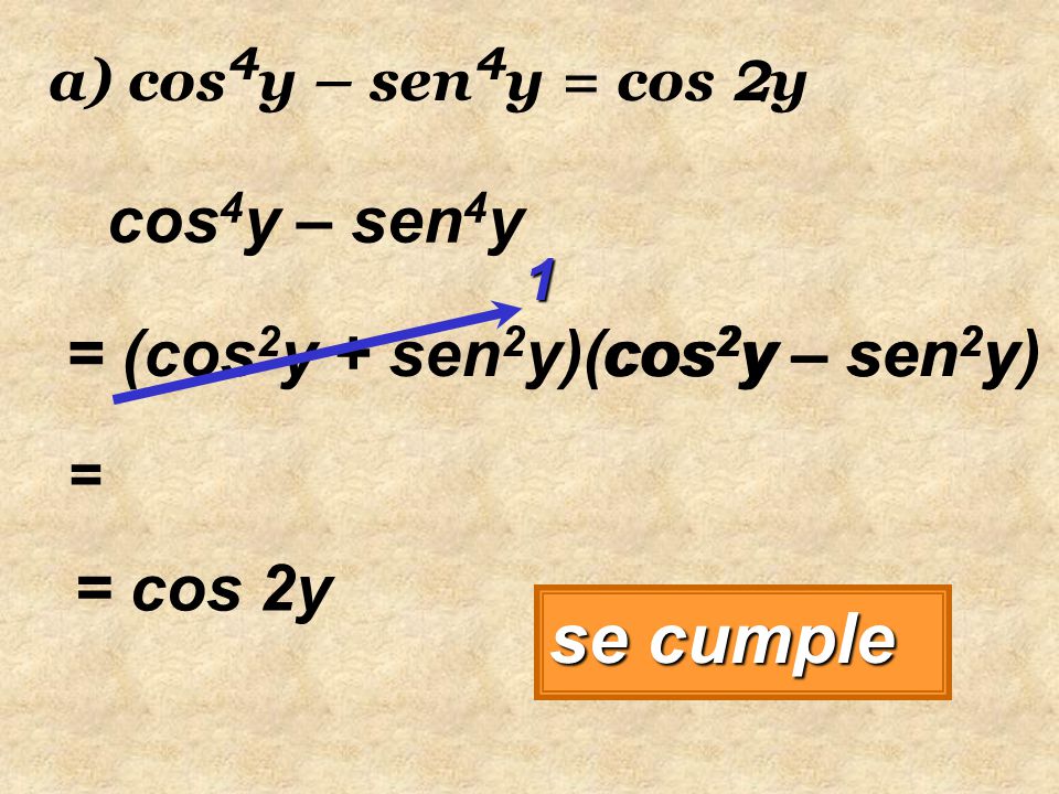se cumple cos4y – sen4y = (cos2y + sen2y)(cos2y – sen2y) cos2y – sen2y
