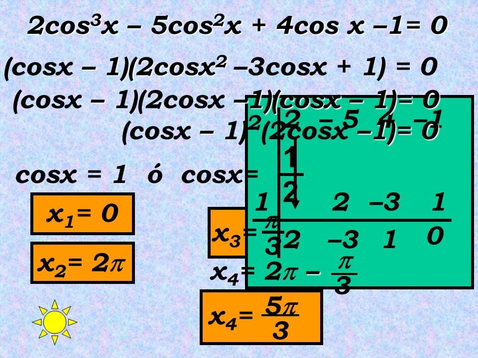 1 2 2cos3x – 5cos2x + 4cos x –1= 0 (cosx – 1)(2cosx2 –3cosx + 1) = 0