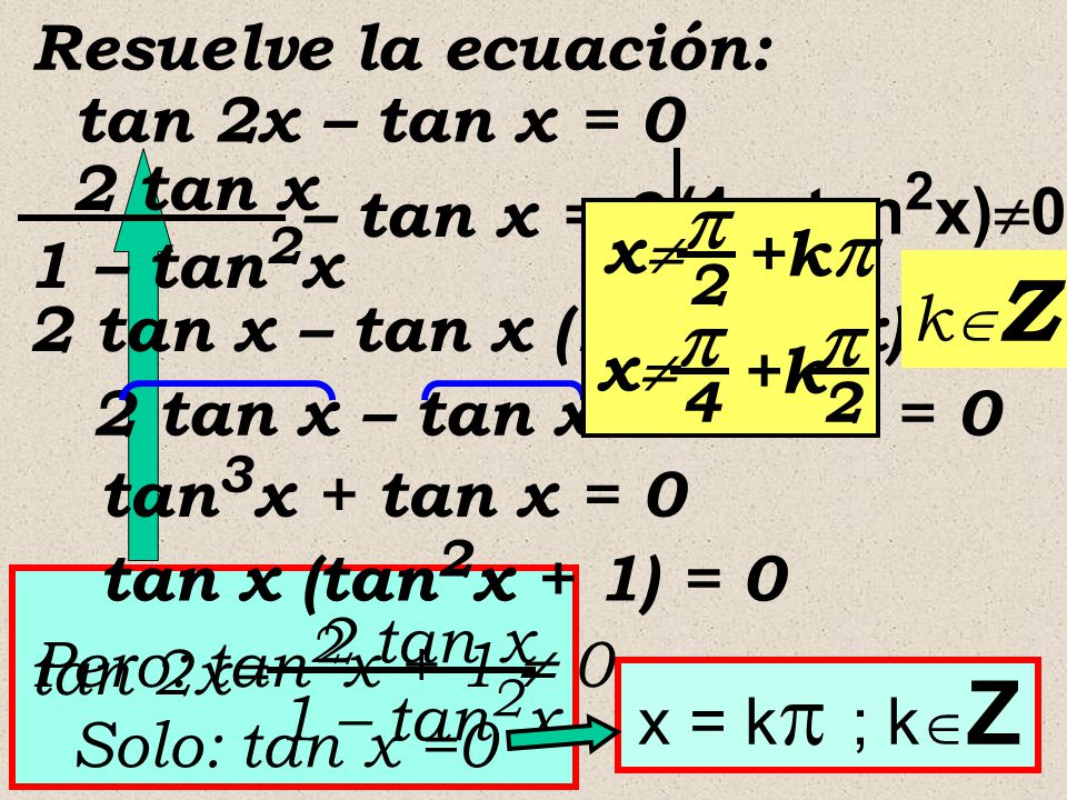 .(1 – tan2x)0  Resuelve la ecuación: tan 2x – tan x = 0 2 tan x