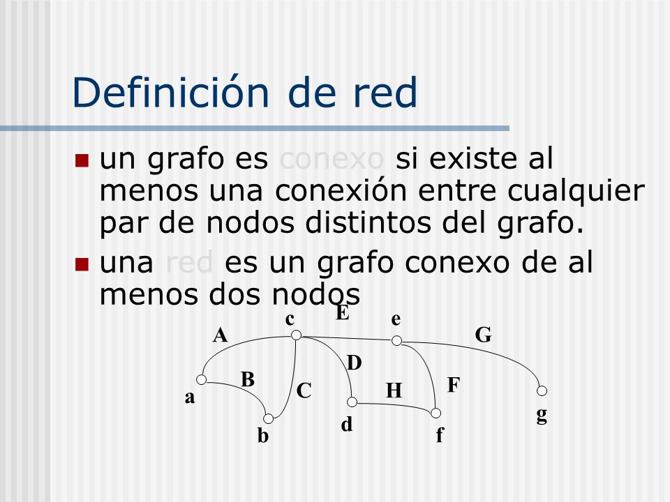 Definición de red un grafo es conexo si existe al menos una conexión entre cualquier par de nodos distintos del grafo.