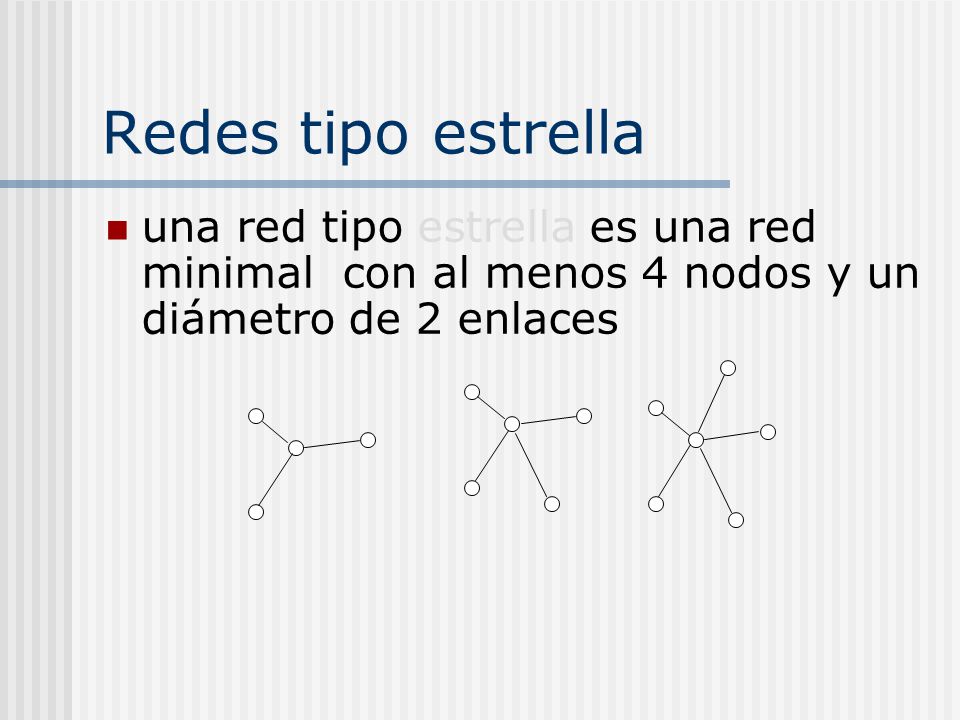Redes tipo estrella una red tipo estrella es una red minimal con al menos 4 nodos y un diámetro de 2 enlaces.