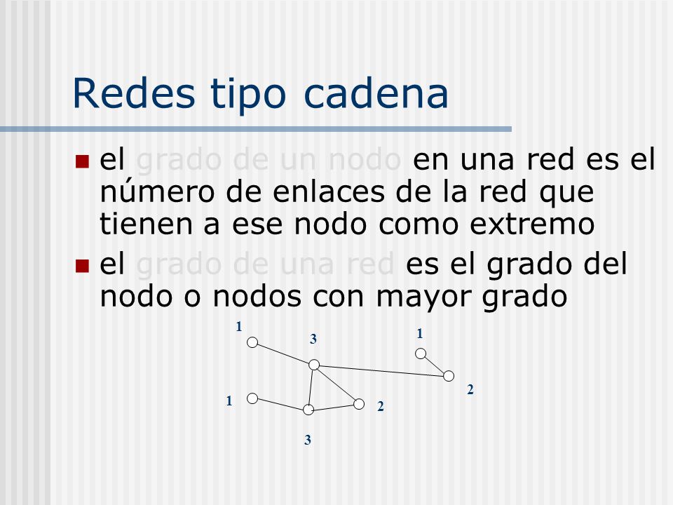 Redes tipo cadena el grado de un nodo en una red es el número de enlaces de la red que tienen a ese nodo como extremo.