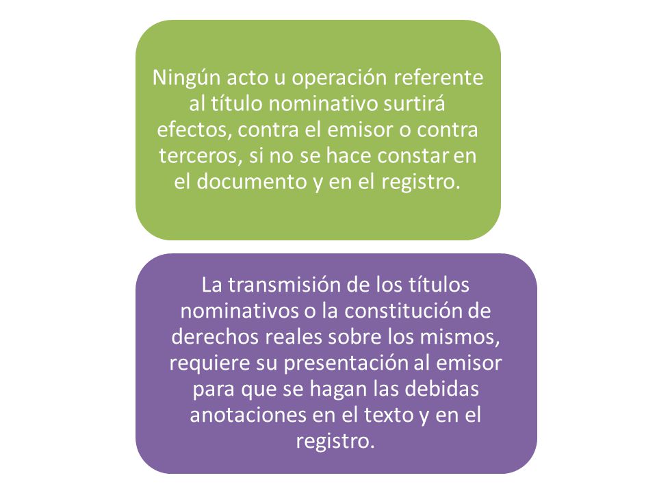 Ningún acto u operación referente al título nominativo surtirá efectos, contra el emisor o contra terceros, si no se hace constar en el documento y en el registro.