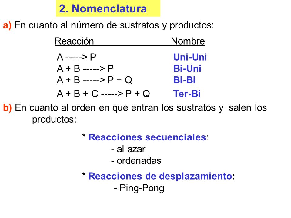 2. Nomenclatura a) En cuanto al número de sustratos y productos: