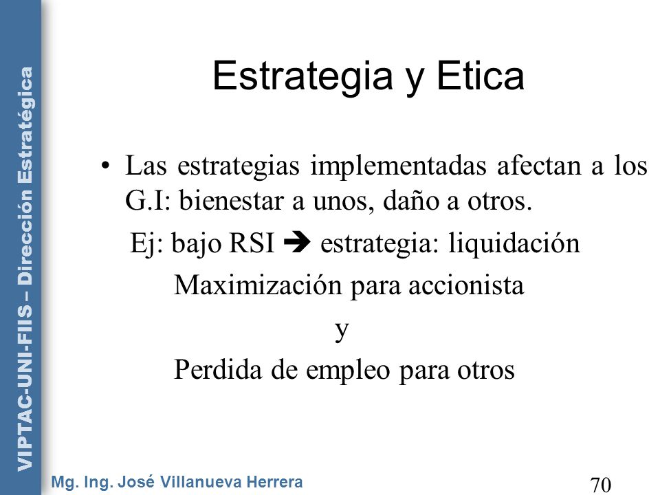 Estrategia y Etica Las estrategias implementadas afectan a los G.I: bienestar a unos, daño a otros.