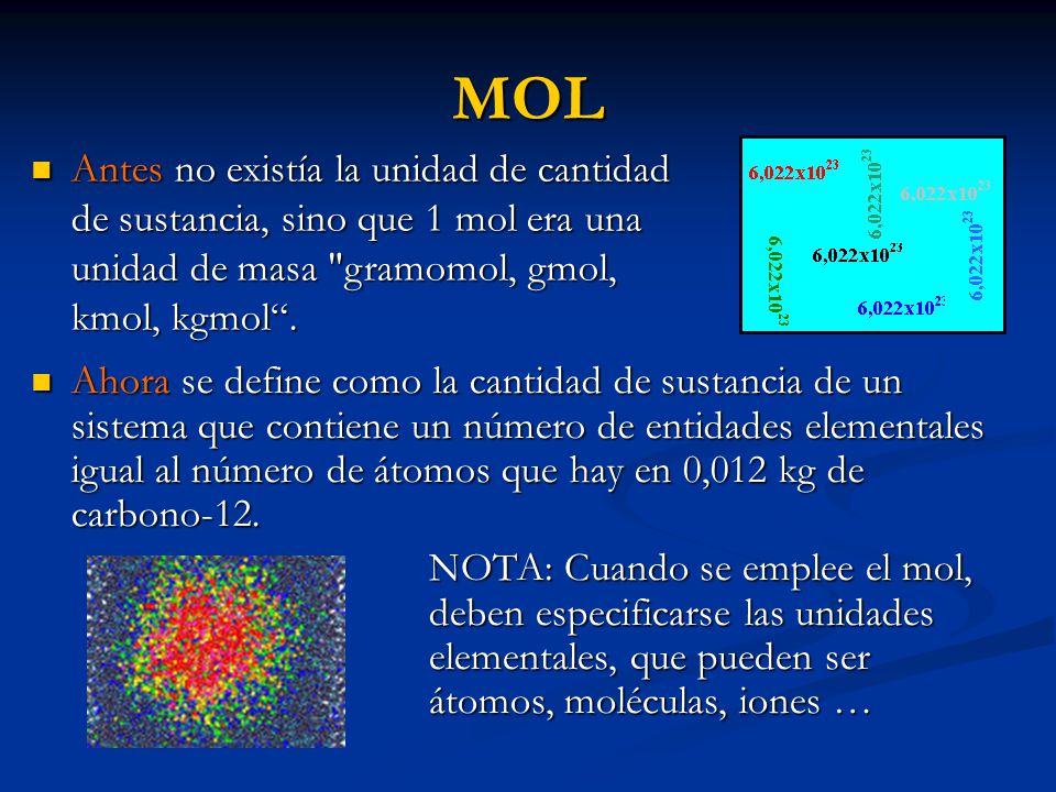 MOL Antes no existía la unidad de cantidad de sustancia, sino que 1 mol era una unidad de masa gramomol, gmol, kmol, kgmol .
