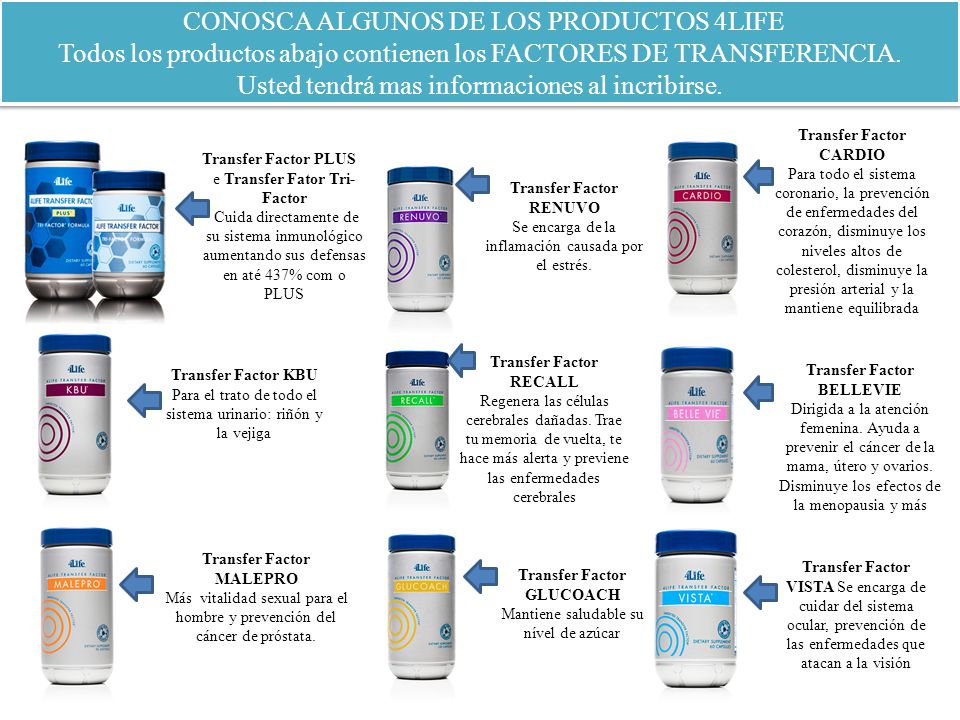 CONOSCA ALGUNOS DE LOS PRODUCTOS 4LIFE Todos los productos abajo contienen los FACTORES DE TRANSFERENCIA. Usted tendrá mas informaciones al incribirse.