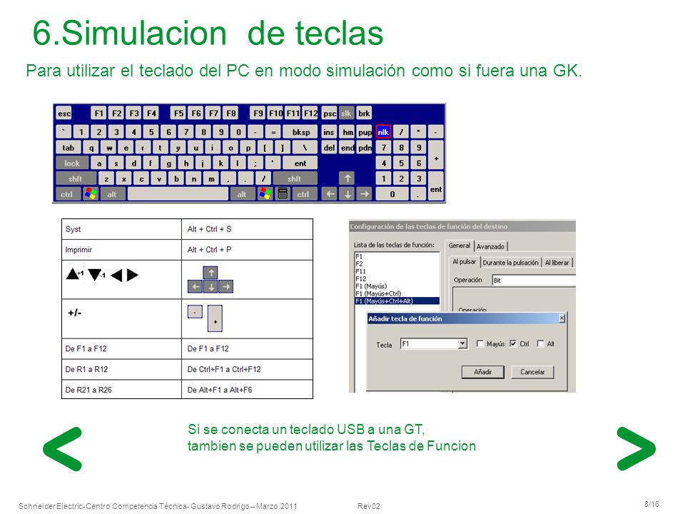 6.Simulacion de teclas Para utilizar el teclado del PC en modo simulación como si fuera una GK. Si se conecta un teclado USB a una GT,