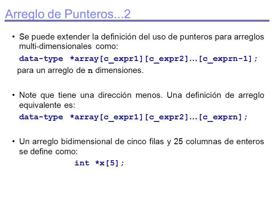 Arreglo de Punteros...2 Se puede extender la definición del uso de punteros para arreglos multi-dimensionales como: