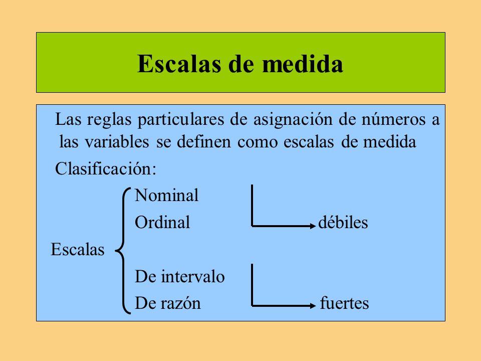 Escalas de medida Las reglas particulares de asignación de números a las variables se definen como escalas de medida.