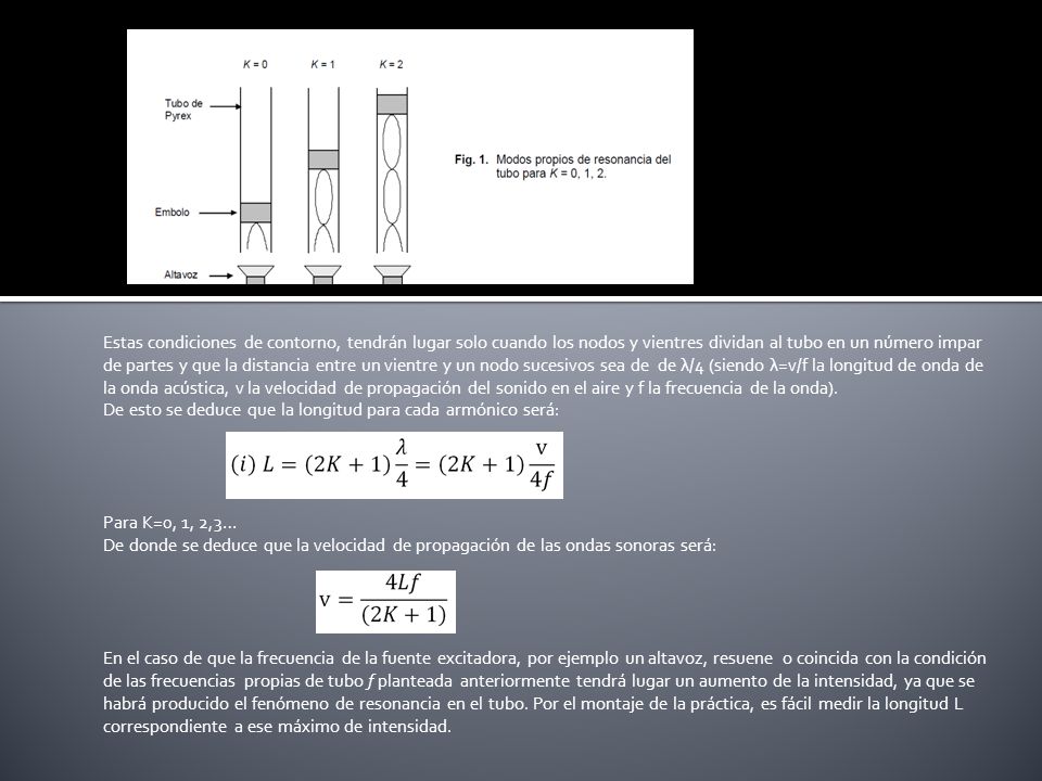 Estas condiciones de contorno, tendrán lugar solo cuando los nodos y vientres dividan al tubo en un número impar de partes y que la distancia entre un vientre y un nodo sucesivos sea de de λ/4 (siendo λ=v/f la longitud de onda de la onda acústica, v la velocidad de propagación del sonido en el aire y f la frecuencia de la onda).
