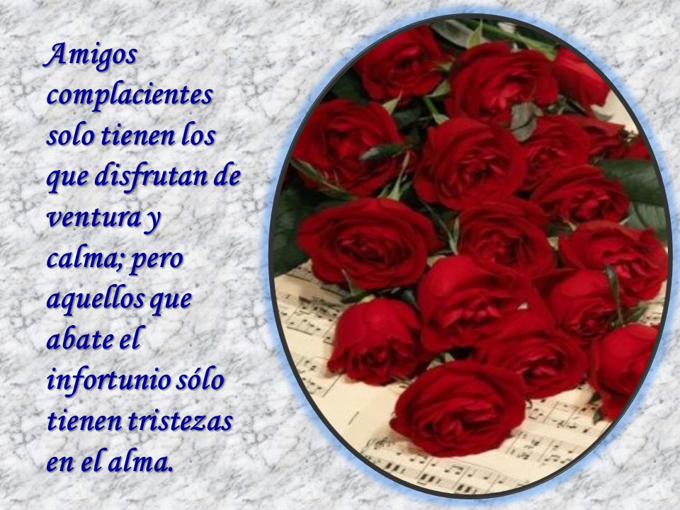 Amigos complacientes solo tienen los que disfrutan de ventura y calma; pero aquellos que abate el infortunio sólo tienen tristezas en el alma.