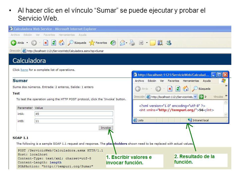 Al hacer clic en el vínculo Sumar se puede ejecutar y probar el Servicio Web.