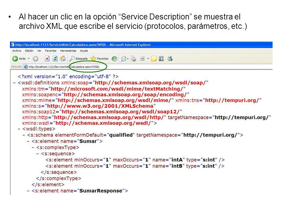 Al hacer un clic en la opción Service Description se muestra el archivo XML que escribe el servicio (protocolos, parámetros, etc.)