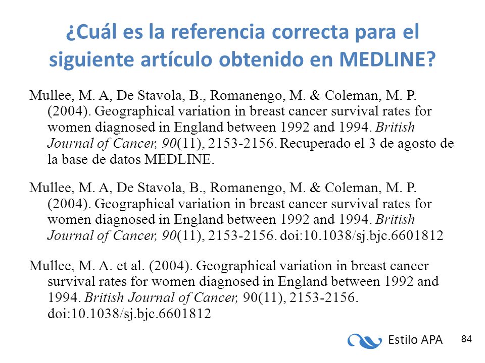 ¿Cuál es la referencia correcta para el siguiente artículo obtenido en MEDLINE