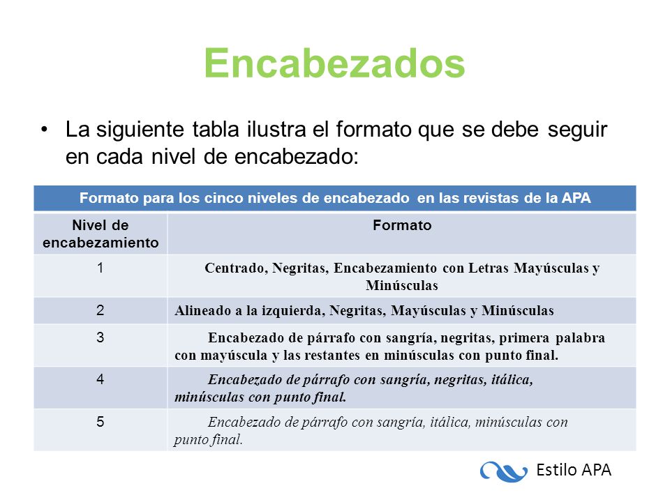 Encabezados La siguiente tabla ilustra el formato que se debe seguir en cada nivel de encabezado: