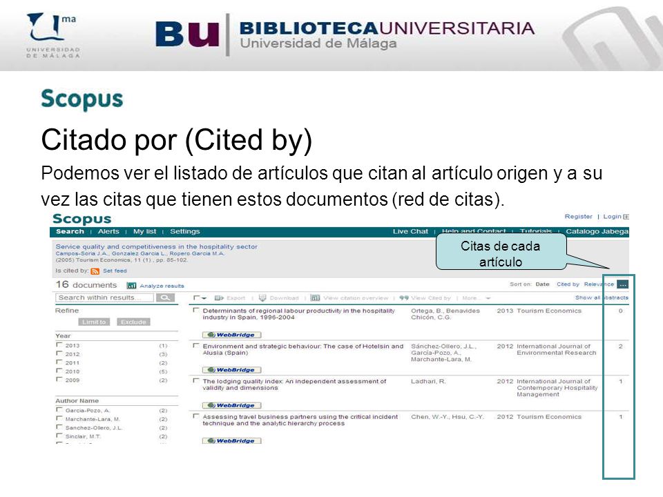 Citado por (Cited by) Podemos ver el listado de artículos que citan al artículo origen y a su.