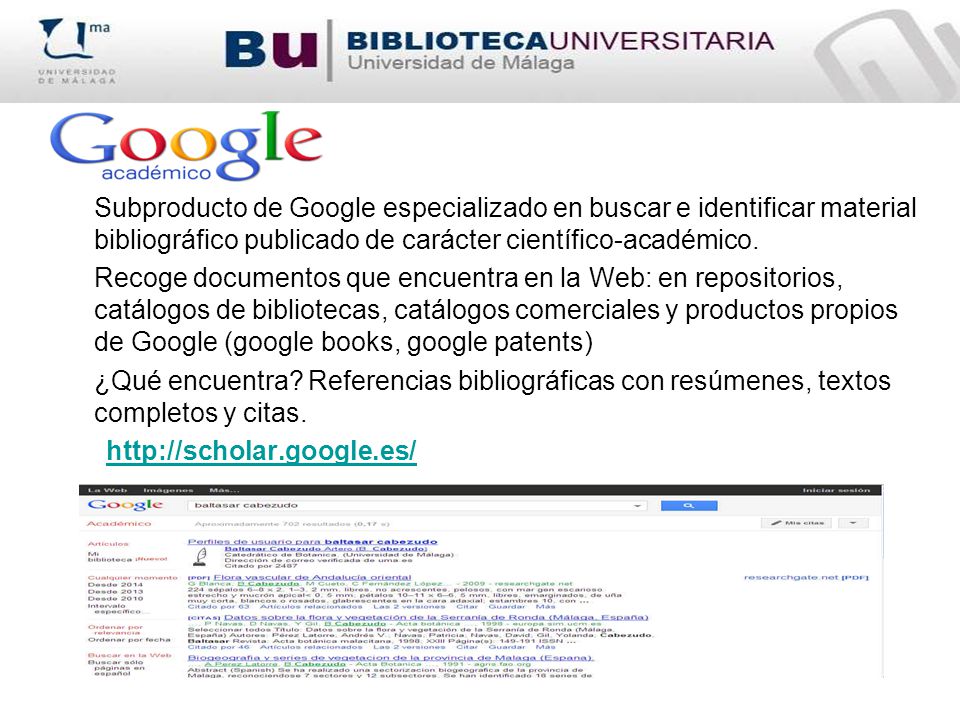 Subproducto de Google especializado en buscar e identificar material bibliográfico publicado de carácter científico-académico.