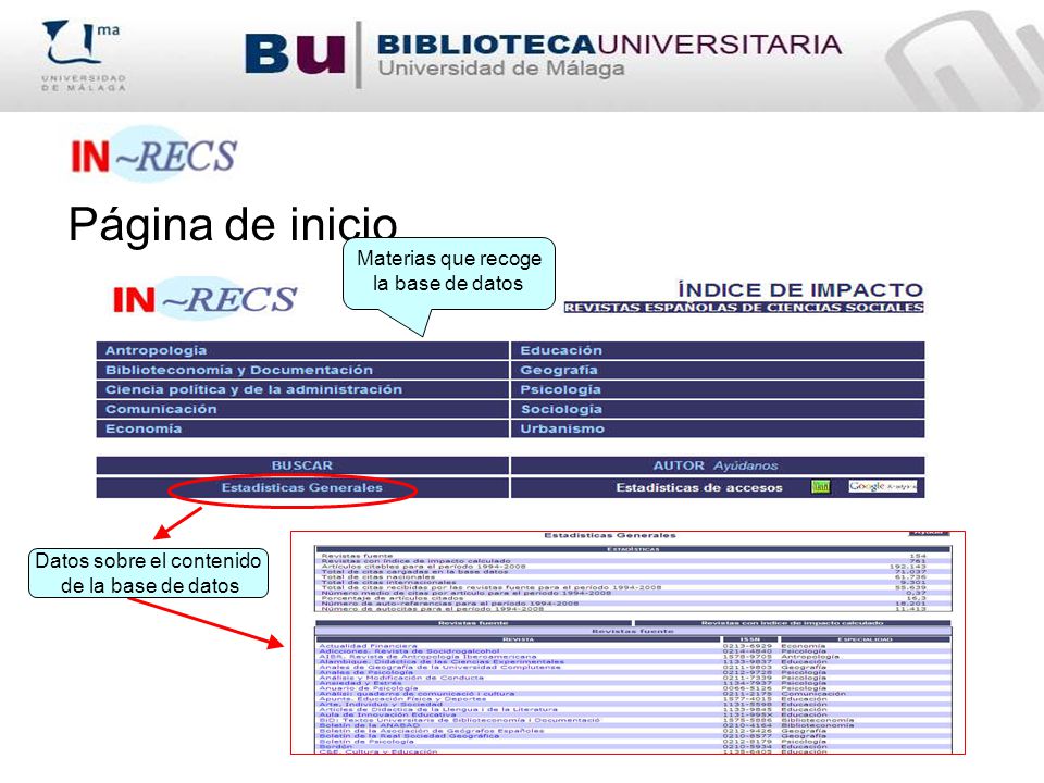 Página de inicio Materias que recoge la base de datos