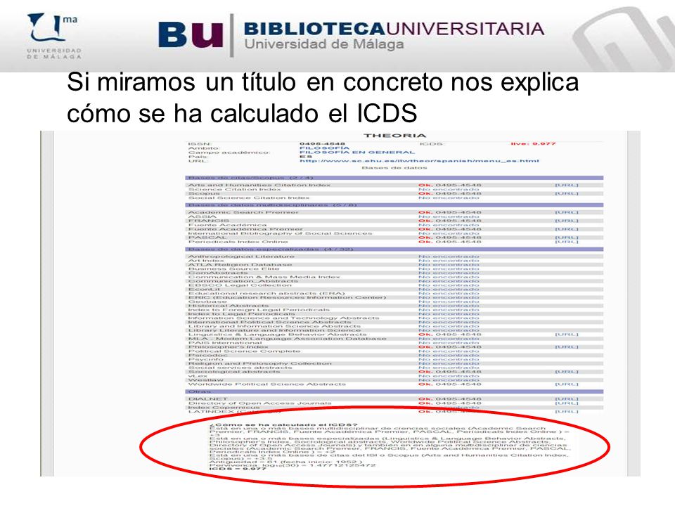 Si miramos un título en concreto nos explica cómo se ha calculado el ICDS