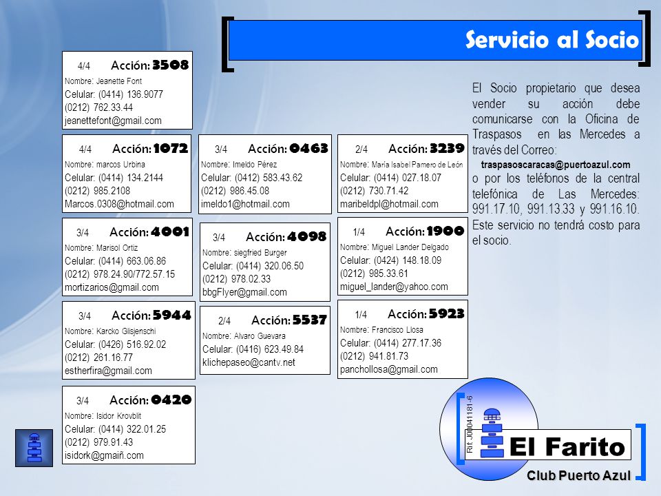 Servicio al Socio 4/4 Acción: Nombre: Jeanette Font. Celular: (0414) (0212)