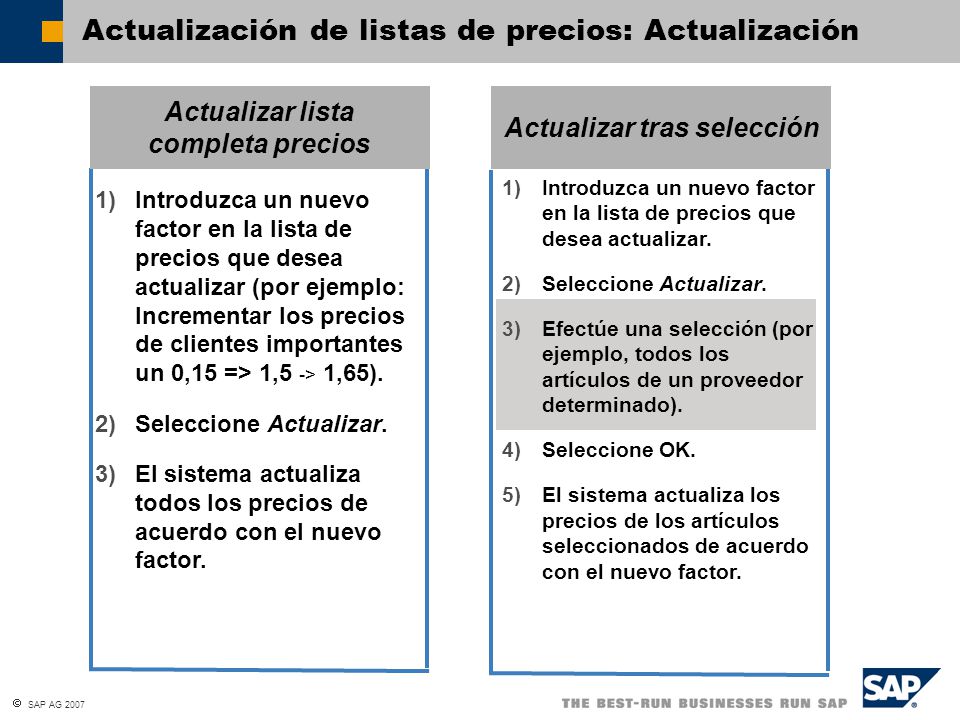 Actualización de listas de precios: Actualización