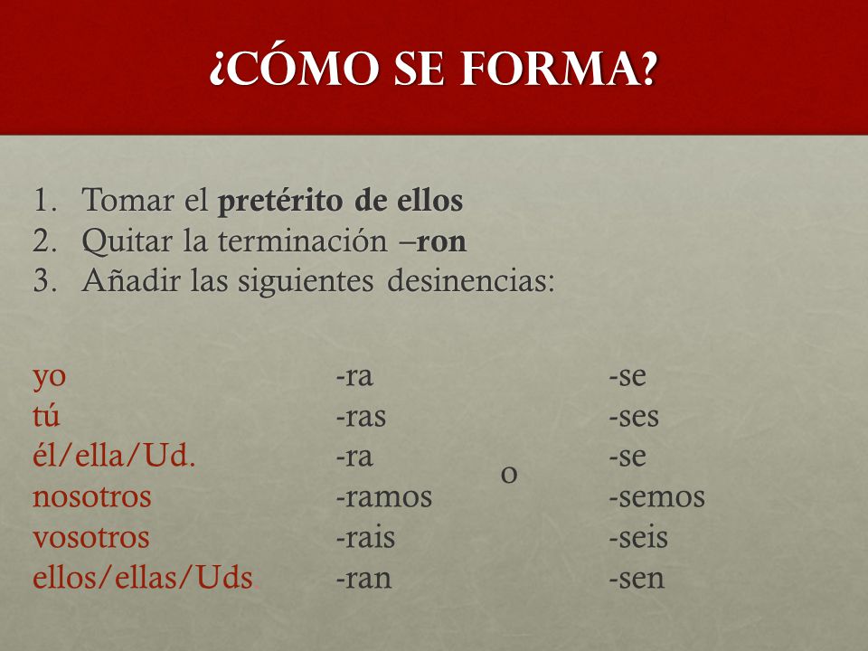 ¿Cómo se forma Tomar el pretérito de ellos Quitar la terminación –ron