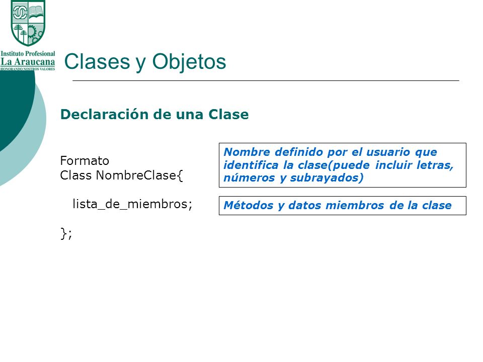Clases y Objetos Declaración de una Clase Formato Class NombreClase{
