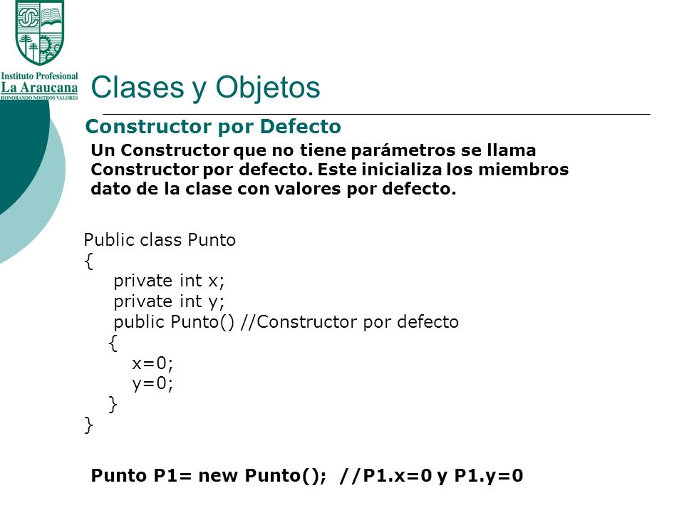Clases y Objetos Constructor por Defecto Public class Punto {