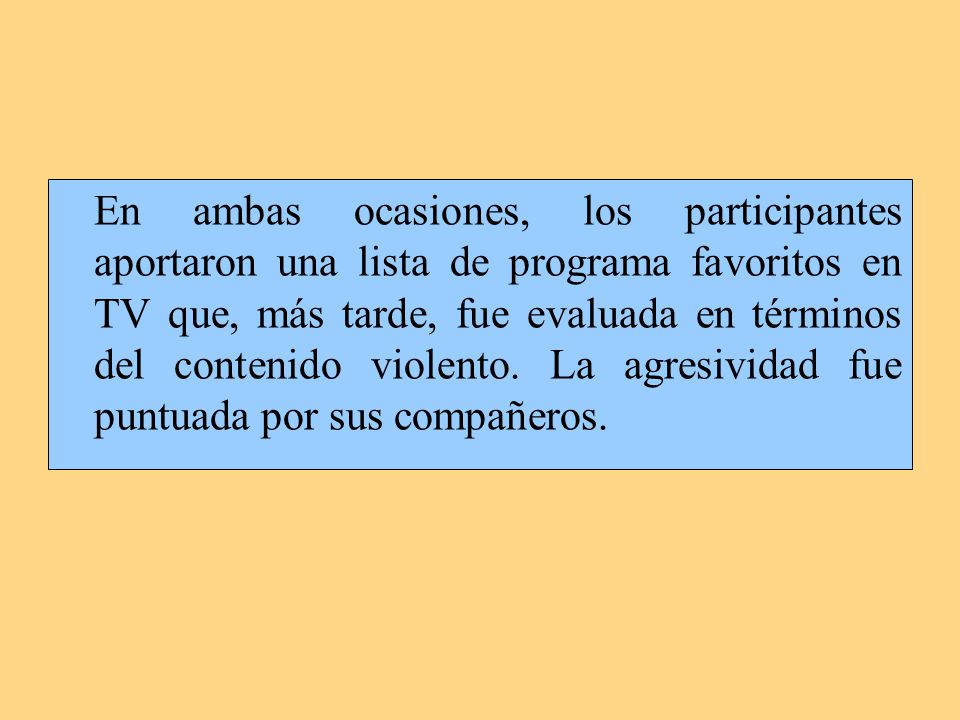 En ambas ocasiones, los participantes aportaron una lista de programa favoritos en TV que, más tarde, fue evaluada en términos del contenido violento.