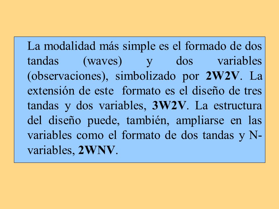 La modalidad más simple es el formado de dos tandas (waves) y dos variables (observaciones), simbolizado por 2W2V.