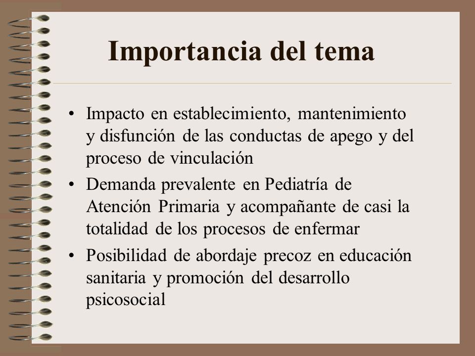 Importancia del tema Impacto en establecimiento, mantenimiento y disfunción de las conductas de apego y del proceso de vinculación.