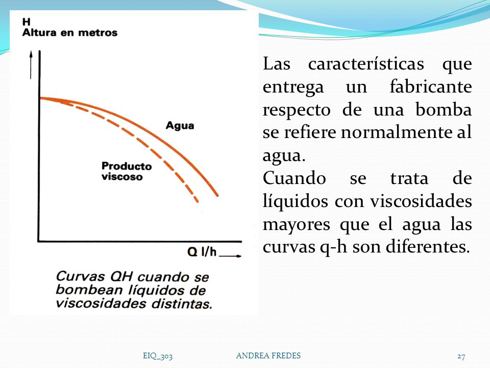 Las características que entrega un fabricante respecto de una bomba se refiere normalmente al agua.