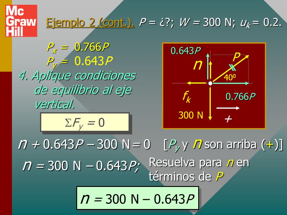 Ejemplo 2 (cont.). P = ¿ ; W = 300 N; uk = 0.2.