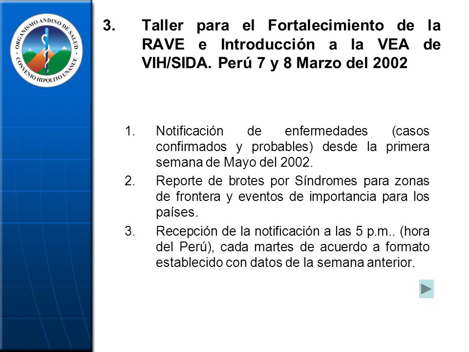 Taller para el Fortalecimiento de la RAVE e Introducción a la VEA de VIH/SIDA. Perú 7 y 8 Marzo del 2002