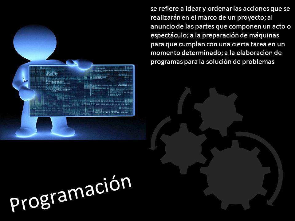 se refiere a idear y ordenar las acciones que se realizarán en el marco de un proyecto; al anuncio de las partes que componen un acto o espectáculo; a la preparación de máquinas para que cumplan con una cierta tarea en un momento determinado; a la elaboración de programas para la solución de problemas