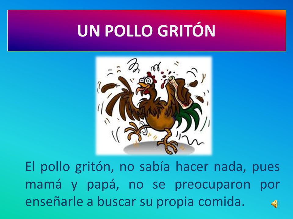UN POLLO GRITÓN El pollo gritón, no sabía hacer nada, pues mamá y papá, no se preocuparon por enseñarle a buscar su propia comida.